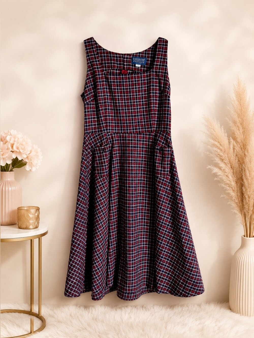Collectif Red & Navy Plaid Swing Dress Sz L